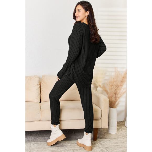 BASIC BAE Plus Black 2 Piece Notched Long Sleeve Top Pants Set Plus Size NEW 3XL - Picture 4 of 8